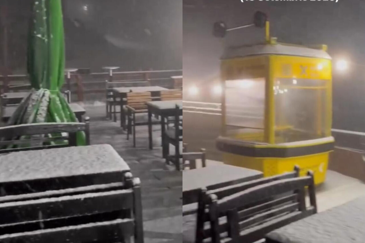 Viscolul a „măturat” Poiana Brașov. Imagini spectaculoase cu prima ninsoare viscolită de toamnă la Postăvaru